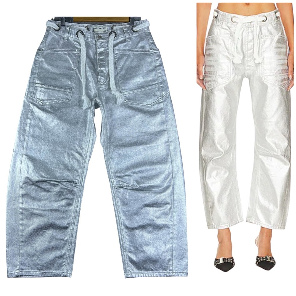 Free People We The Free Moxie Metallic Low Slung Barrel Jeans Size 28 Silver